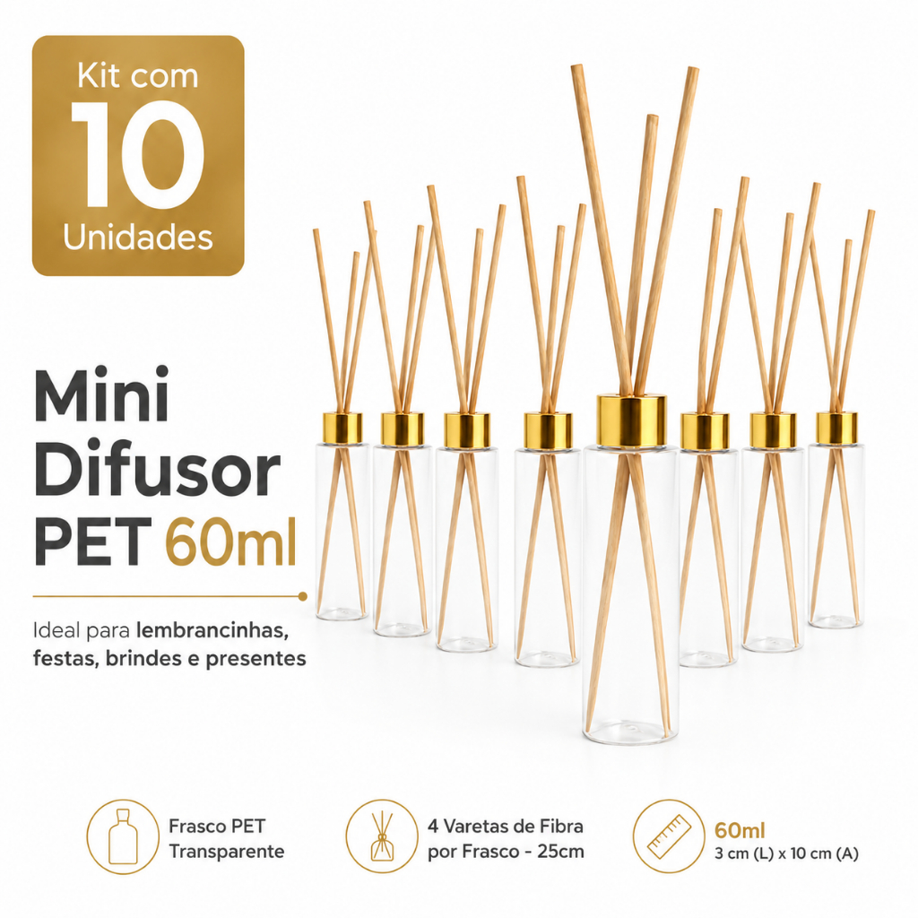 Kit 10 Mini Difusores PET 60ml Com Varetas Aromatizador Lembrancinha Festa Brinde Presente