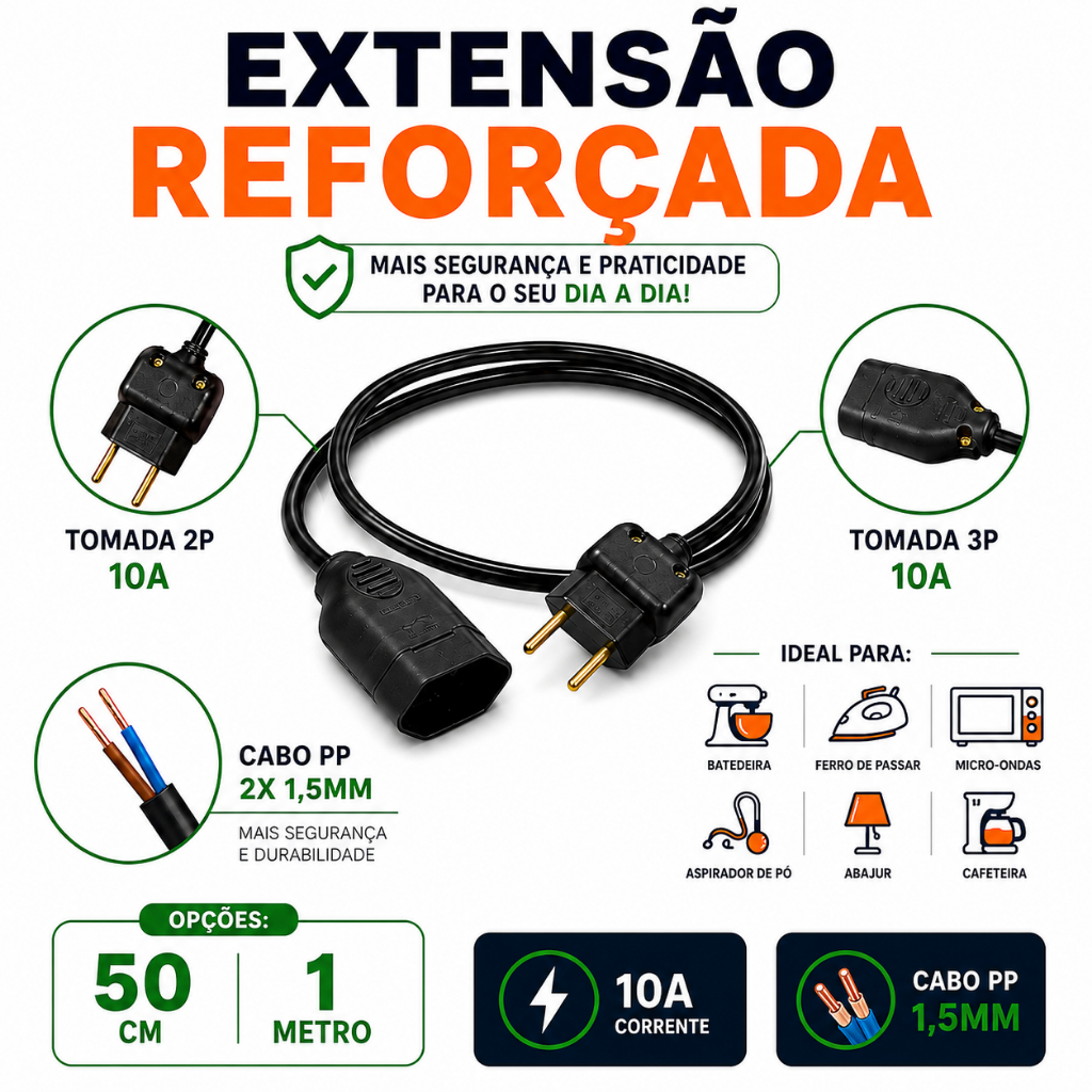 Extensão Elétrica Reforçada 10A Cabo PP 1,5mm Plug 2P Tomada 3P 50cm ou 1 Metro