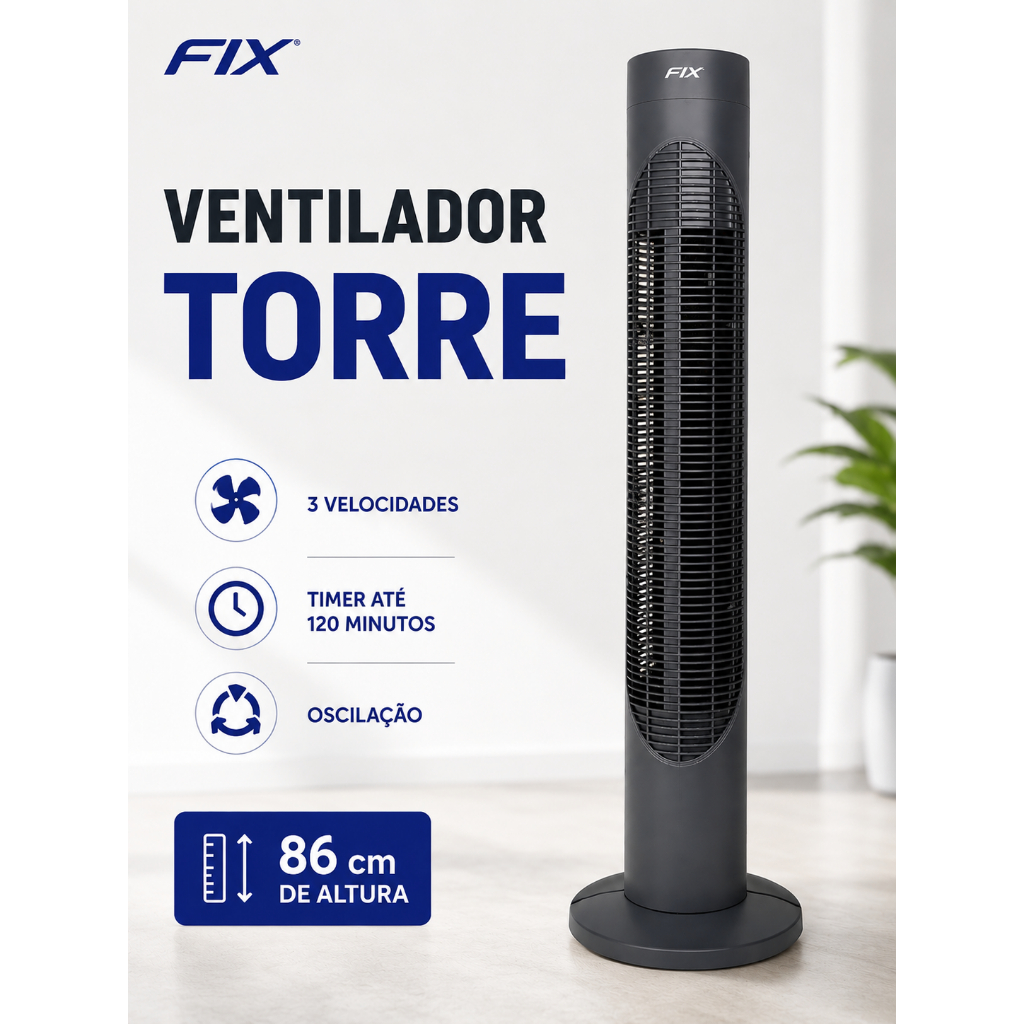 Ventilador Torre 86cm 55W 3 Velocidades Silencioso Oscilante Circulador de Ar Preto Black MARCA FIX sem controle remoto
