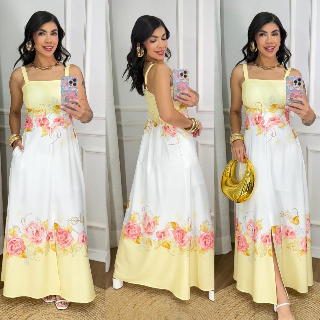 Vestido Feminino Estampado Floral Longo com Forro e Bojo Alcinha Ajustável com Fenda e Lastex nas Costas Crepinho — imagem 2 de 2