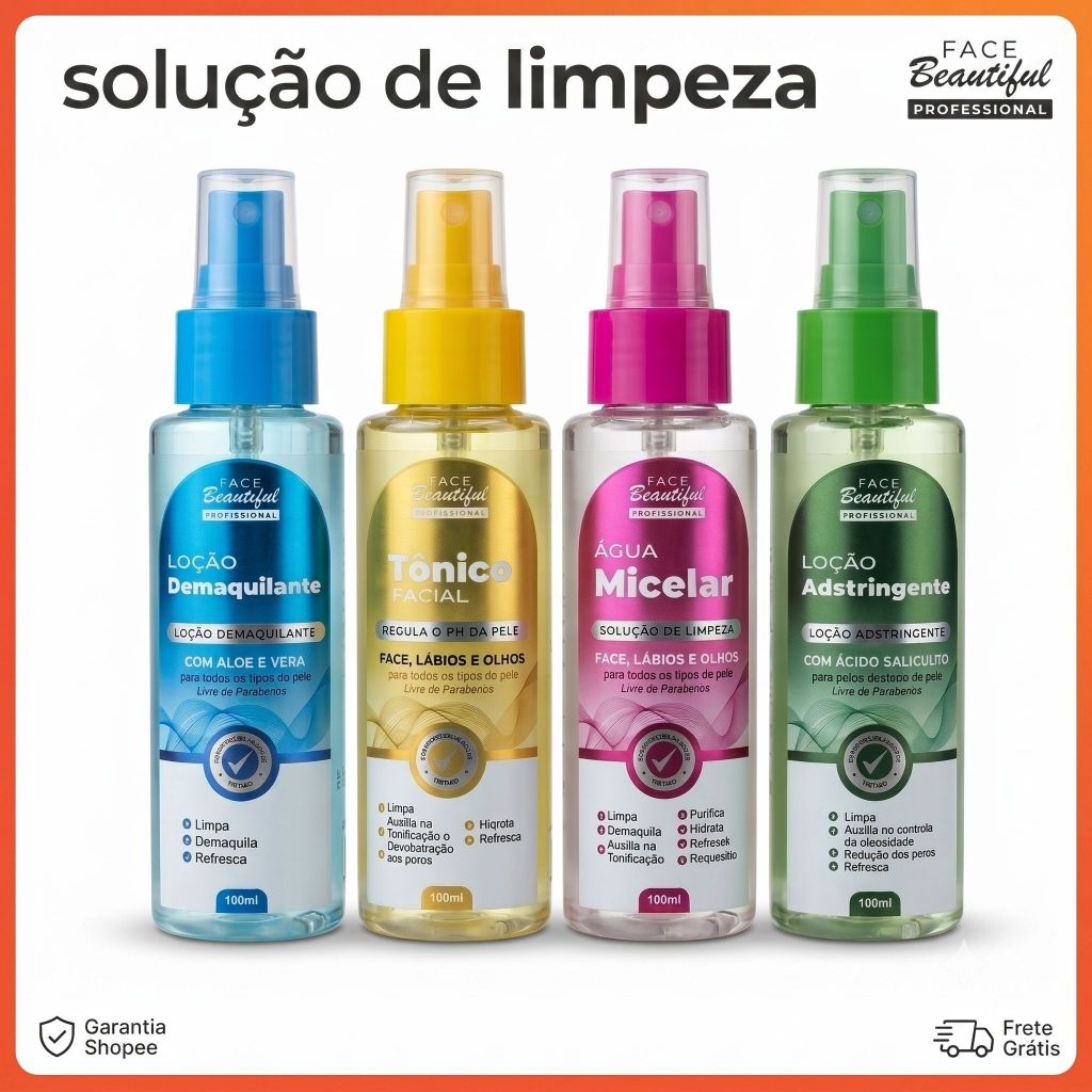 Solução de Limpeza Facial Face Beautiful 100ml - Água Micelar Tônico Adstringente e Demaquilante Skin Care
