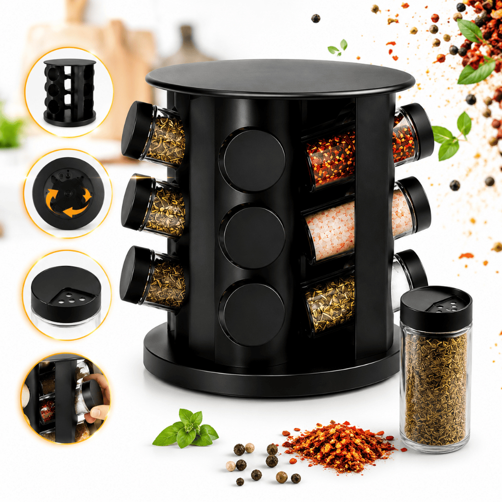Porta Temperos 9 Potes Giratório Preto Organizador de Cozinha Organização Bancada Premium Condimento