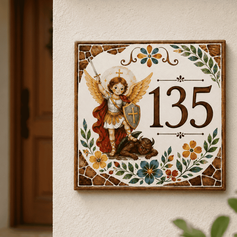São Miguel Arcanjo Azulejo Número Casa Personalizado Religioso | Rua e Número Placa Número Residencial