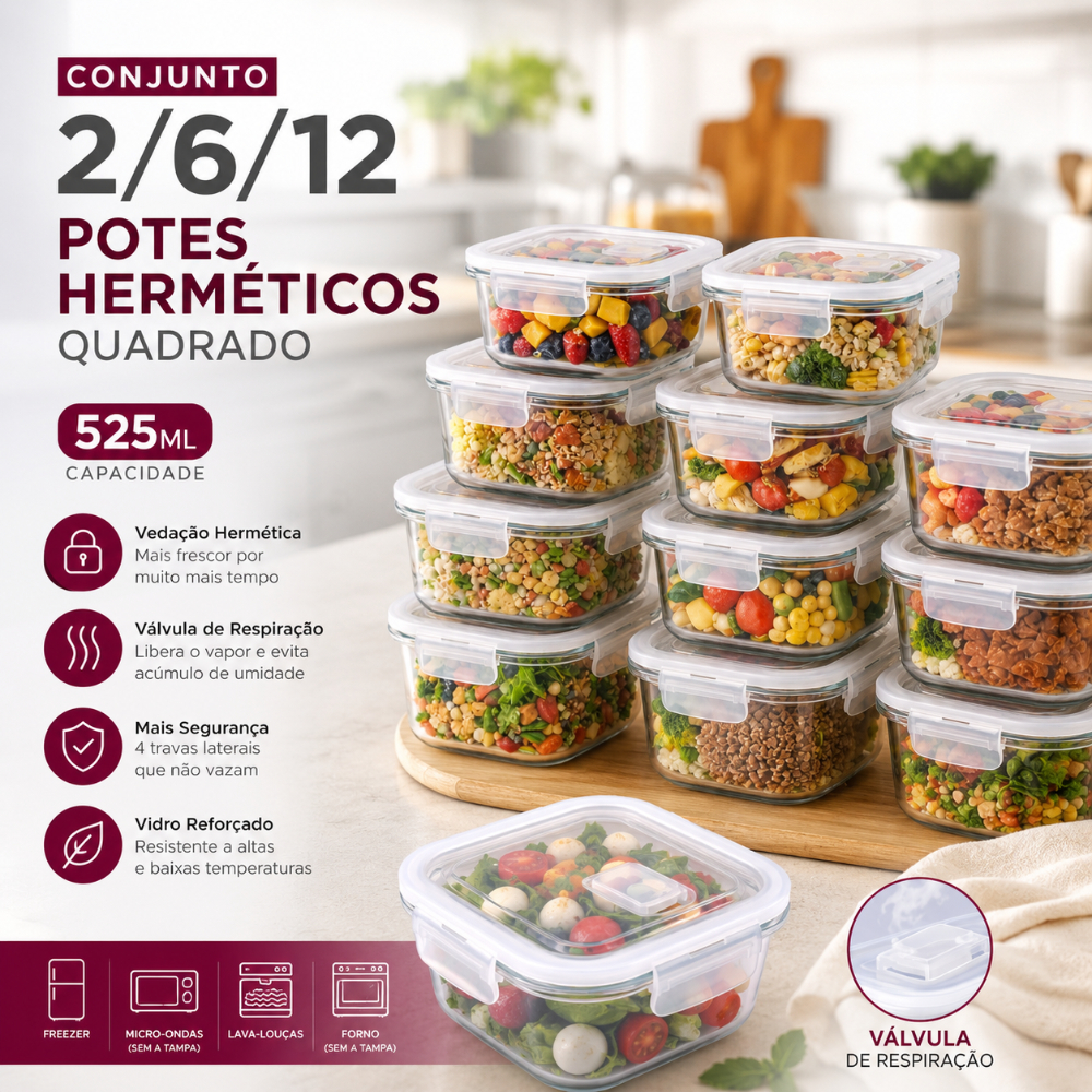 Conjunto 12 Potes Hermético de Vidro 525ml Flashgoods Quadrado Marmita Fitness