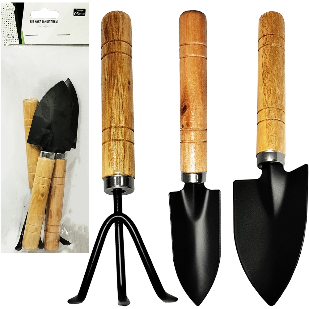 Cosy Kit para Jardinagem c/ 2 pás + Ancinho/rastelo de Metal Mini 17,2cm 3 peças