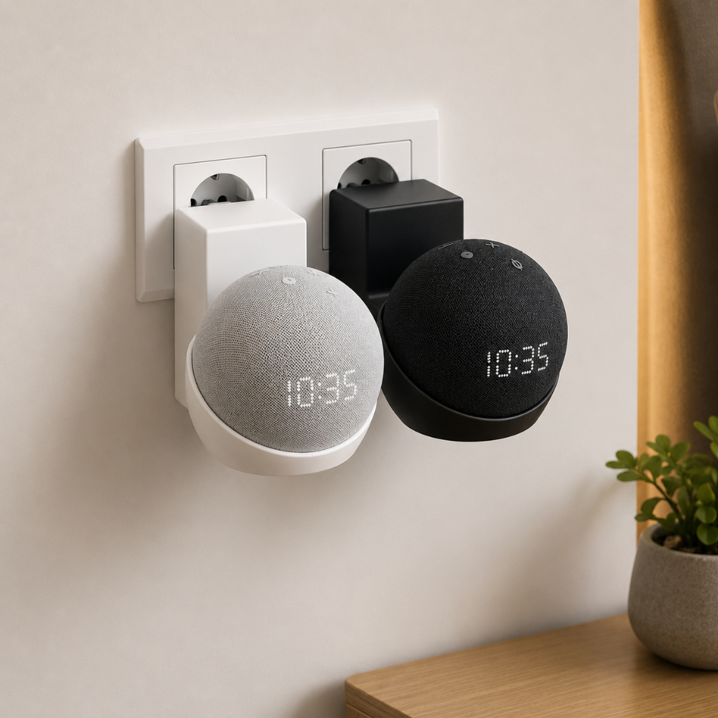 Suporte Tomada Alexa Echo Dot 4 E 5 Geração Organizador De Cabos Parede Preto E Branco Minimalista