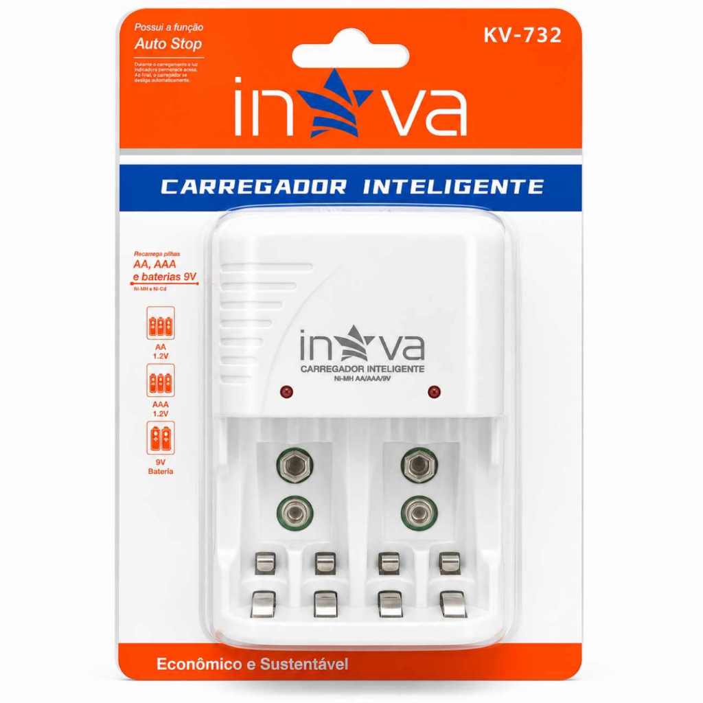 Carregador Pilha Recarregável AA AAA Bateria 9V Inova Auto Stop Bivolt Original Rapido