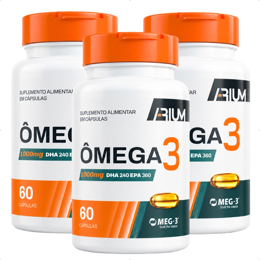 Kit 03 Ômega 3 Óleo de Peixe 1000mg EPA e DHA 60 Cápsulas Arium Suplementos