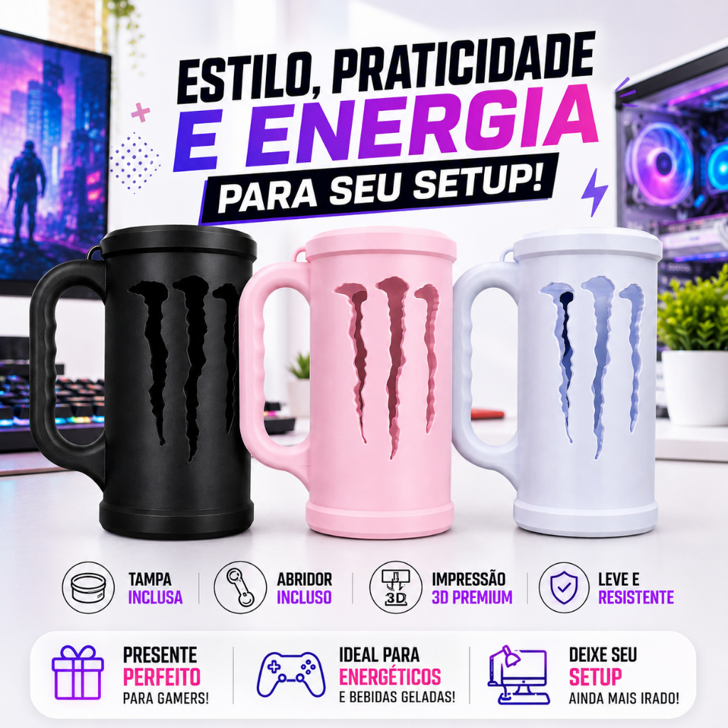 Caneca Porta Lata Monster Com Alça Porta Bebida Energético Setup Game Com Tampa e Abridor