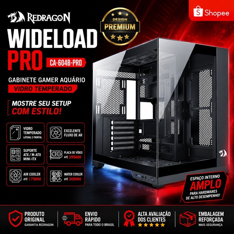 Gabinete Gamer Redragon Wideload Pro CA-604 Vidro Temperado Lateral + Frontal | ATX/Micro ATX | Alto Fluxo de Ar | PRETO