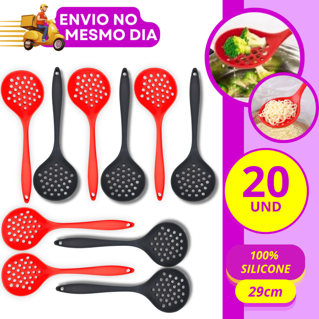 KIT 10/20 Escumadeira em Silicone Premium Antiaderente Resistente Não Risca Panelas Utensílio de Cozinha Profissional