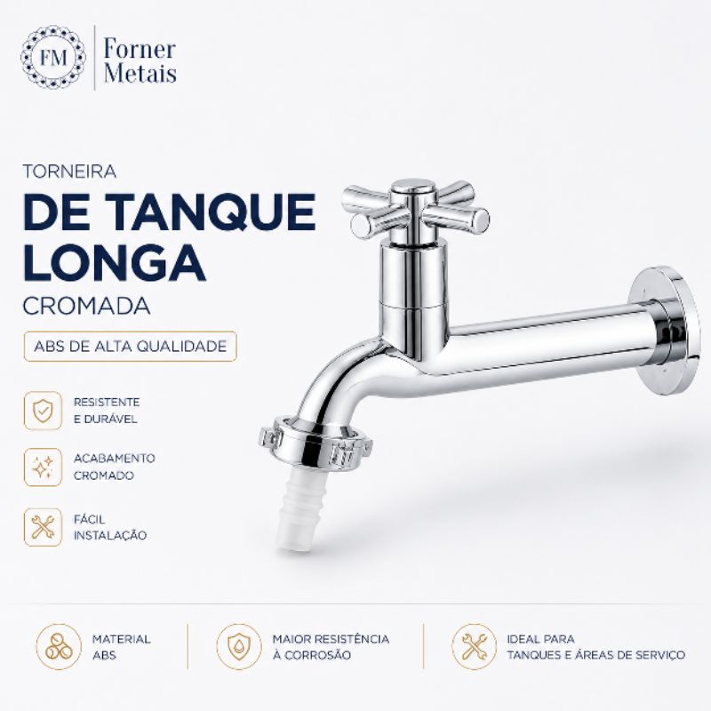 Torneira Longa em ABS de Parede Para Jardim e Lavanderia  com Bico 3/4 Cromada - 1058 linha plastic