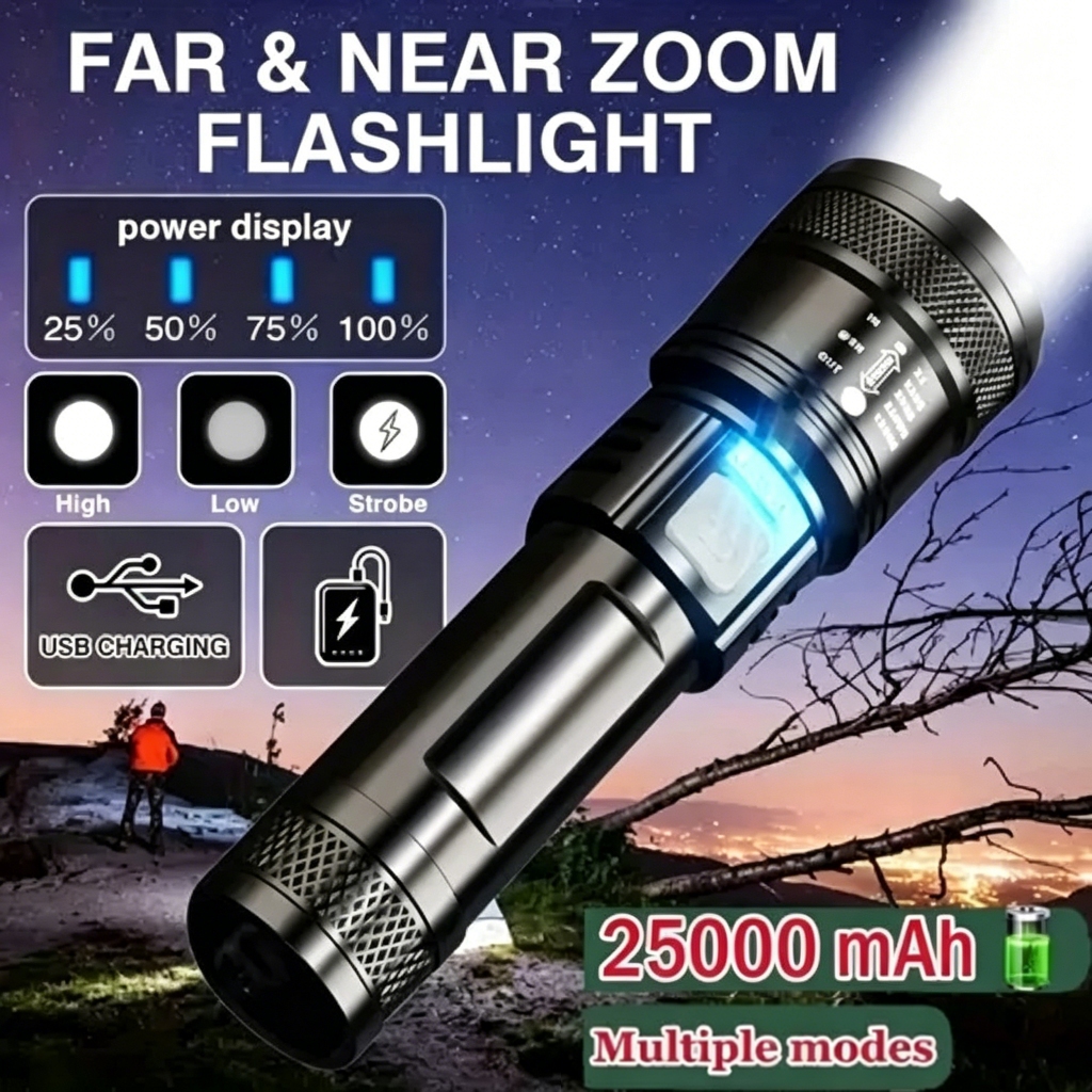 Lanterna Tática LED Militar Forte 4 em 1 USB Recarregável Zoom Longo Alcance Resistente à Água para Camping e Emergência