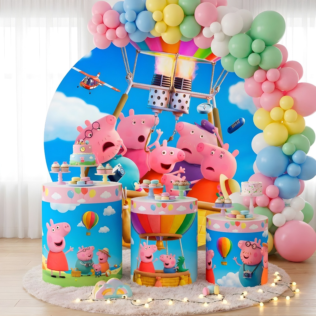 Painel Redondo Peppa Pig 2026 + 3 Cilindros Decorativos Festa (COD: 3050)
