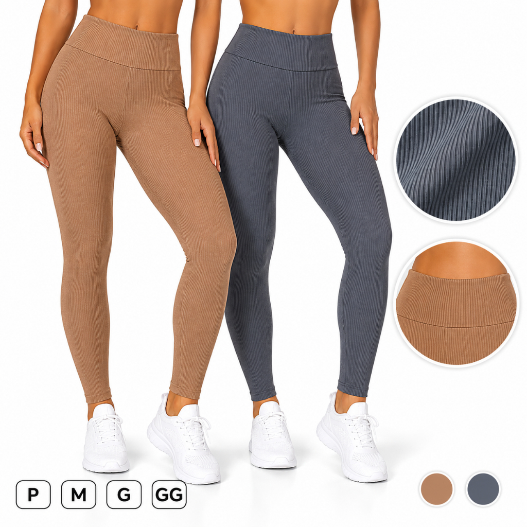 Legging Feminina Suplex Canelada Cinza Cós Médio Zero Transparência Academia Treino Casual Confortável Alta Elasticidade