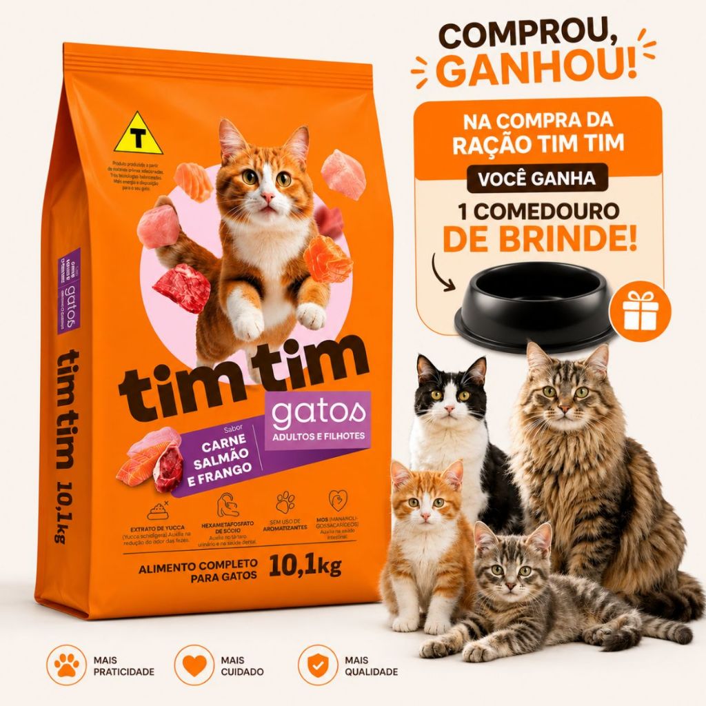 Ração Para Gatos 10kg Tim Tim Cat Premium Carne Salmão Frango Alta Aceitação Alimento Completo