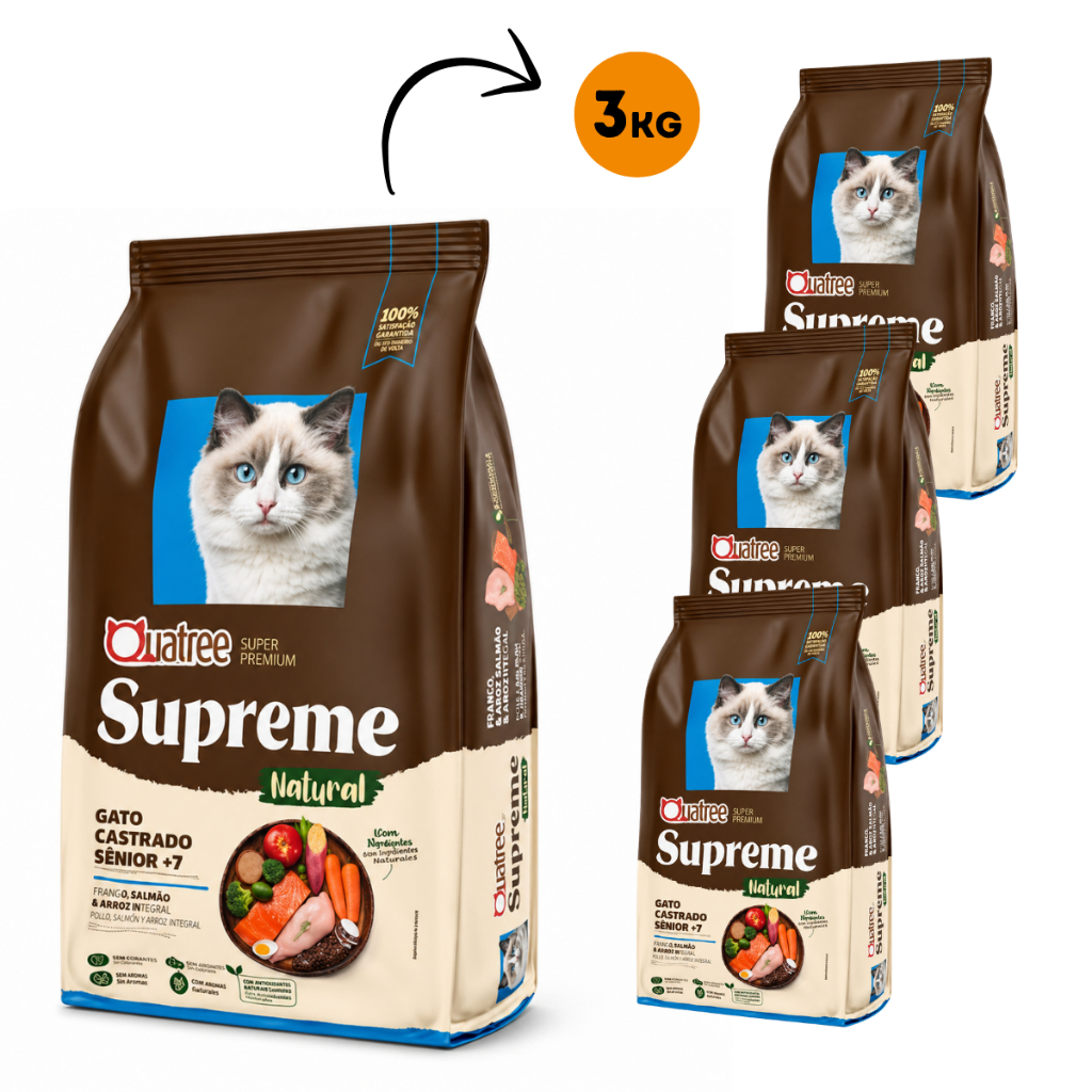 3Kg Ração Seca Quatree Supreme Gato Sênior Castrado Frango E Salmão