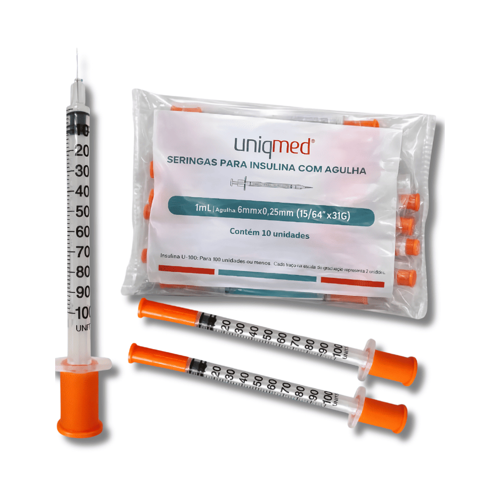 Seringa insulina 1,0mL c/ Agulha Fixa  6x0,25mm Pacote c/10 Unidades - Uniqmed
