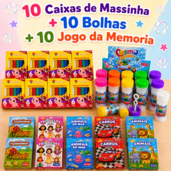 10 Massinha de Modelar + 10 Bolha Sabão + 10 Jogo Memoria Infantil Kit Festa Lembrancinha