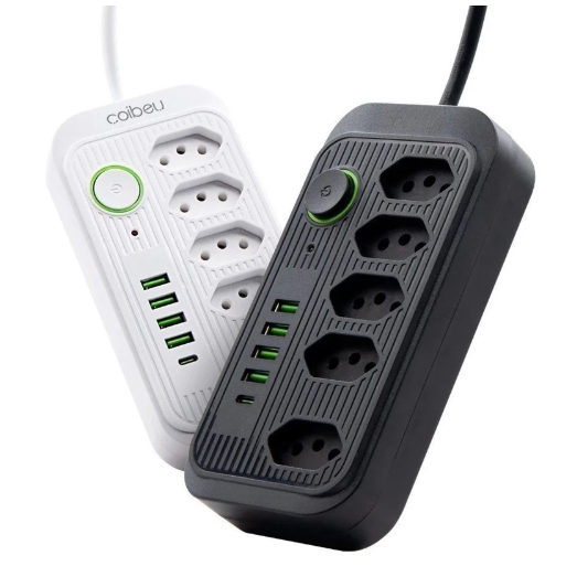 Extensão De Tomadas Filtro De Linha 5 Tomadas + 4 Usb E 1 Tipo C Cor Preto 127/220v