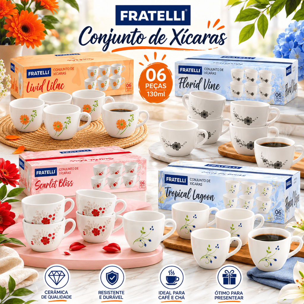 Conjunto 6 Xícaras Café Chá Cerâmica 130ml Peças Decorativa Alta Qualidade Diversas Estampas Premium