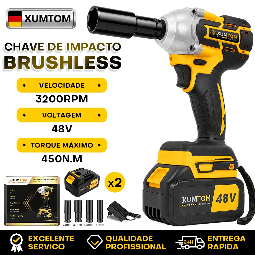 Chave de Impacto 48v Eletrica 450nm Parafusadeira Furadeira Brushless com Maleta 2 Baterias 48v Kit Ferramentas Completo