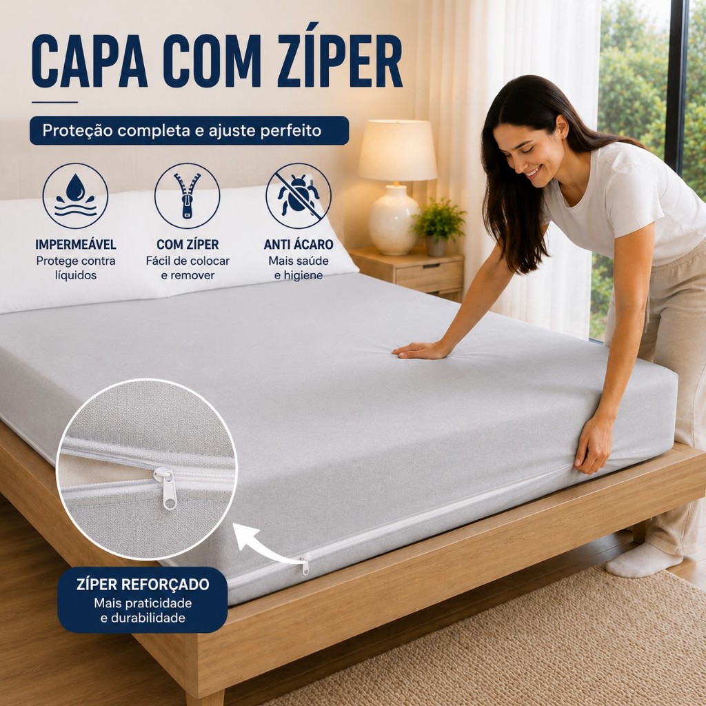 Protetor Capa de Colchão Cama Impermeável Casal e Solteiro com Zíper ou Elástico Antiácaro Lavável