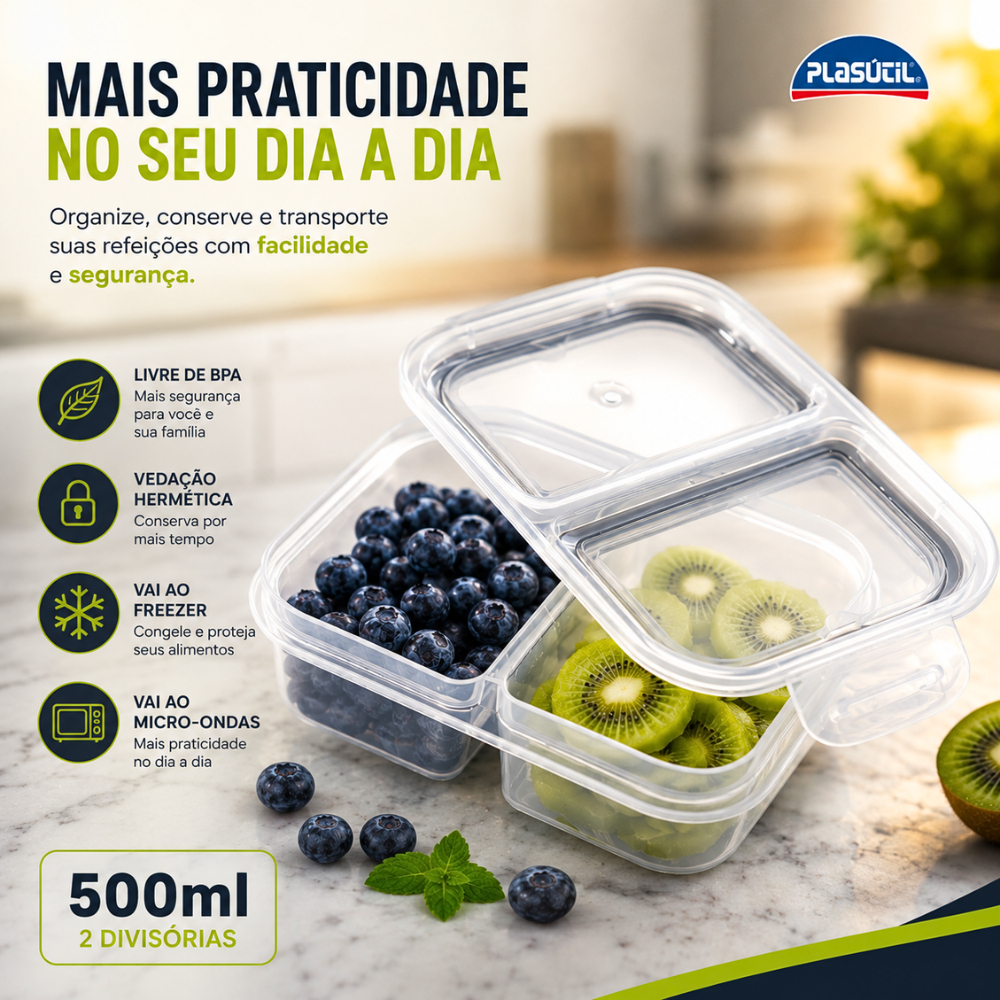 Pote Marmita Com 2 Divisórias Organizador 500 ml Hermético Geladeira Com Trava Plástico Plasútil