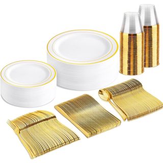 150 itens festa descartável dourado metálico para 25 convidados, inclui pratos, talheres e copos