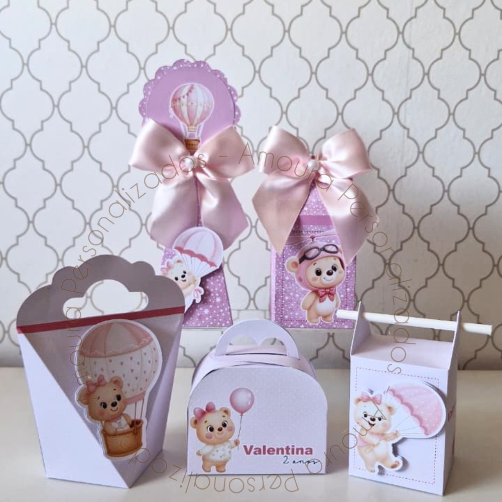 KIT DE CAIXAS PERSONALIZADAS PARA LEMBRANCINHAS URSINHA BALOEIRA ROSA|CAIXINHA|FESTA|ANIVERSARIO|URSA