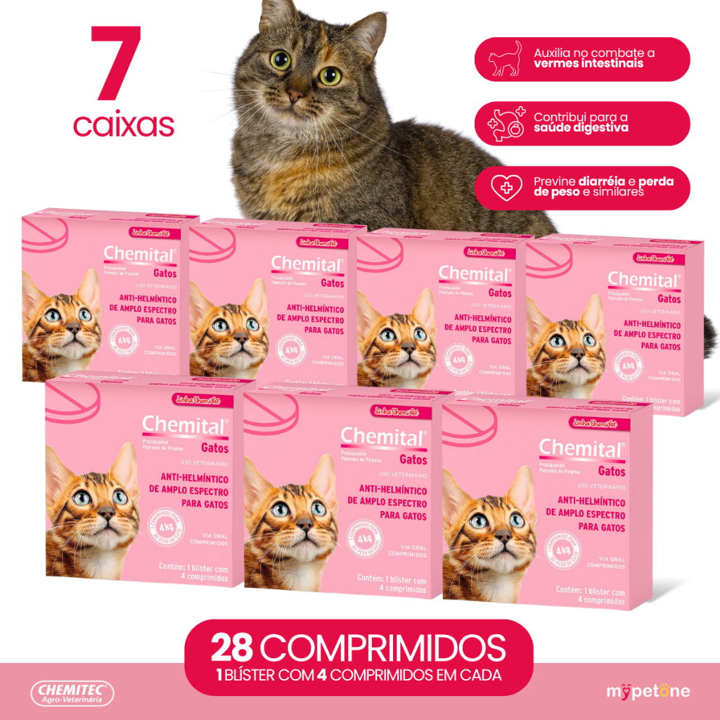 Kit 7 Vermífugo Chemitec Chemital para Gatos - 4 Comprimidos