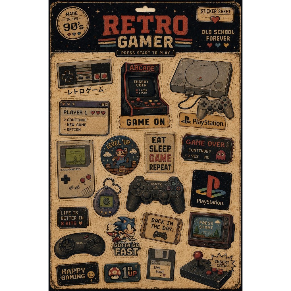 Cartela de Adesivos Vintage- Tema Retrô Gamer- Papel Adesivo Glossy Brilhante- A4- Necessário Recortar