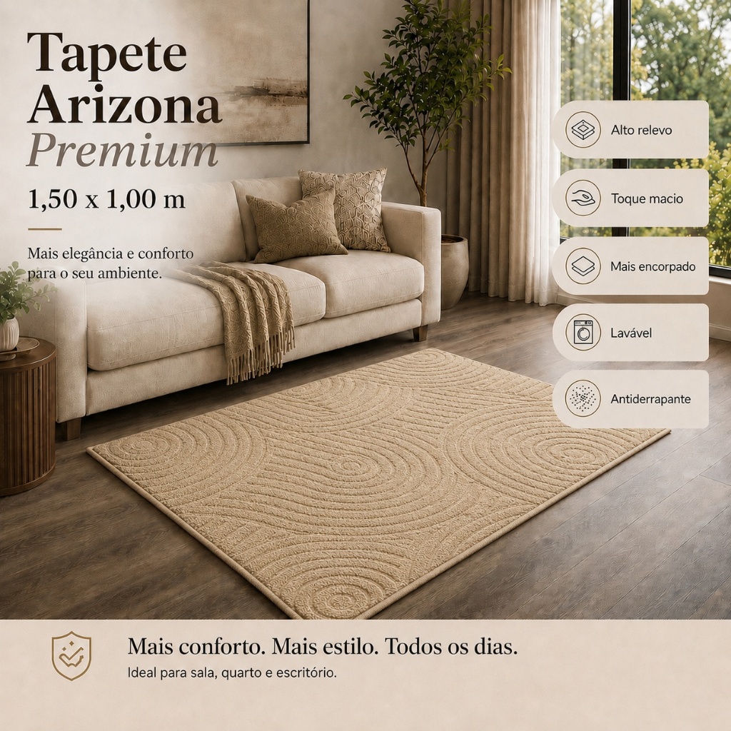Tapete Sala Bege 1,50X1,00 Alto Relevo Premium Macio Antiderrapante Quarto Escritório