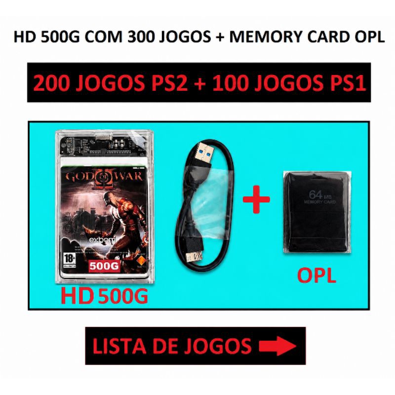 Kit Opl HD 500G com 200 jogos PS2 e 100 jogos ps1 + Memory Card OPL 64M - Leia a Descrição
