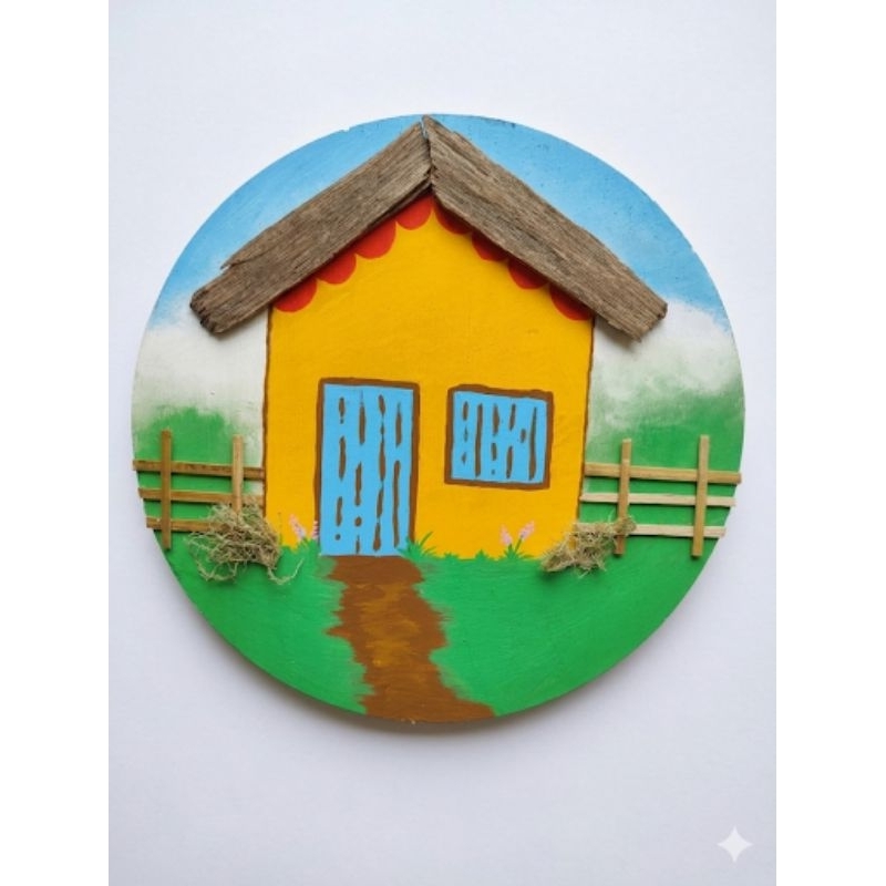 Quadrinho Decorativo Bolacha De Madeira Casinha Rústica Feito À Mão