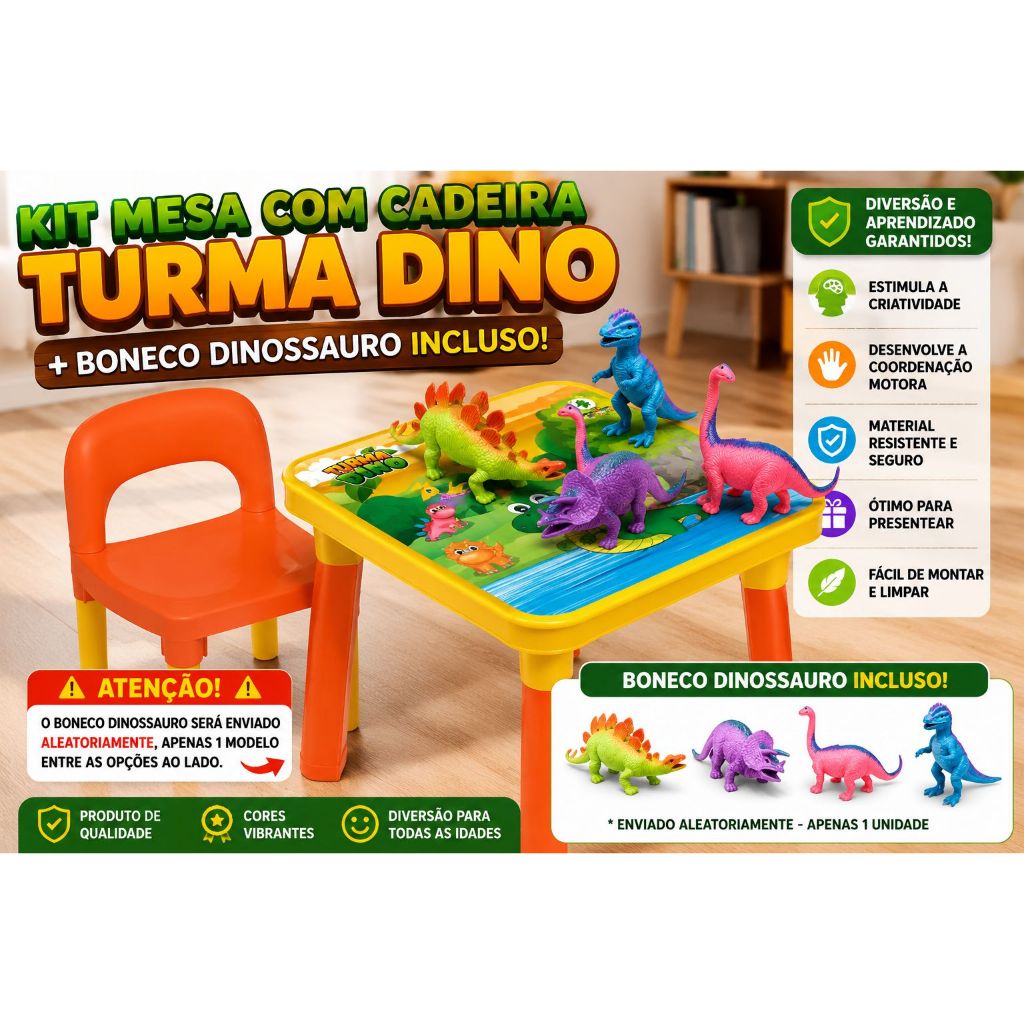 Kit Mesa C/Cadeira Turma Dino Infantil + Boneco Dinossauro Incluso Educativo Menino Presente Criança