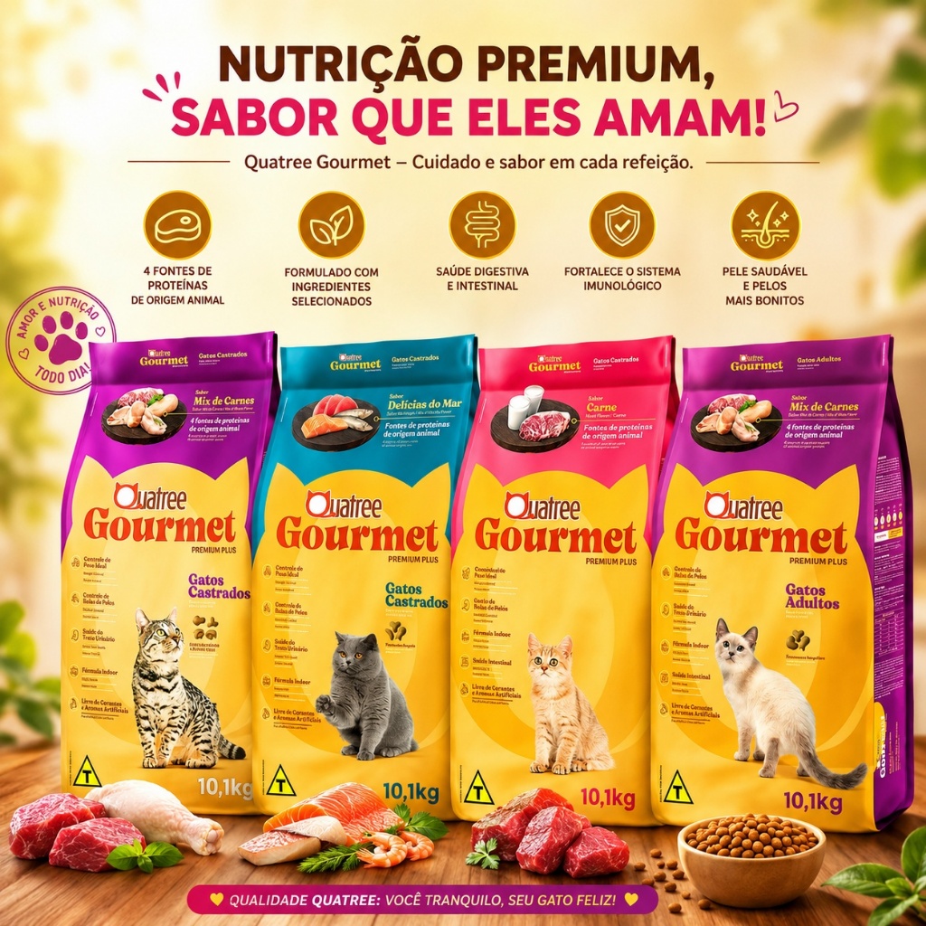 RAÇÃO QUATREE CASTRADO E COMUM 10KG GATOS PREMIUM 10KG PARA GATOS VARIOS SABORES