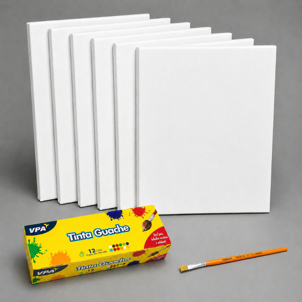 Kit Com 05 Telas Para Pintura 20x30cm + 12 Tintas e 5x Pincel - Uso Profissional e Artístico