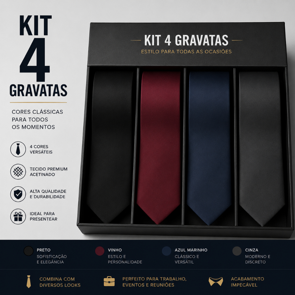 Kit 4 Gravatas Social Masculino Lisa Premium, Estilo Executivo Clássico Elegante Ideal Para Festas, Cerimônias, Ocasiões
