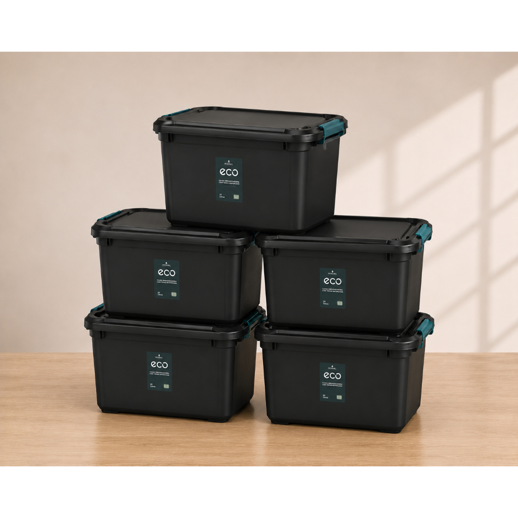 Kit 5 Caixa Organizadora 27 Litros Grande Com Tampa e Travas Cesto Brinquedos e Multiuso Empilhável