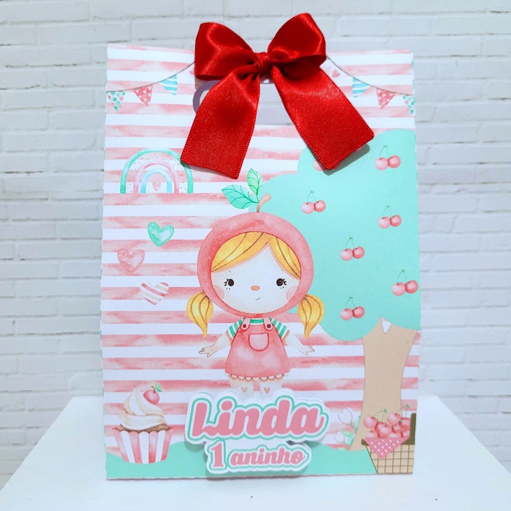 Sacolinha Personalizada Cerejinha Aquarela – Pegue e Monte com Laço Lembrancinha para Festa Infantil