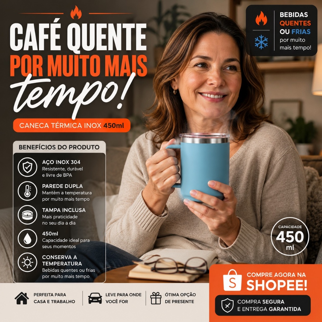 Caneca Térmica Inox 450ml Com Tampa Quente e Gelado Ideal Para Café e Chá - TAMARA BRESSAN OFICIAL✔