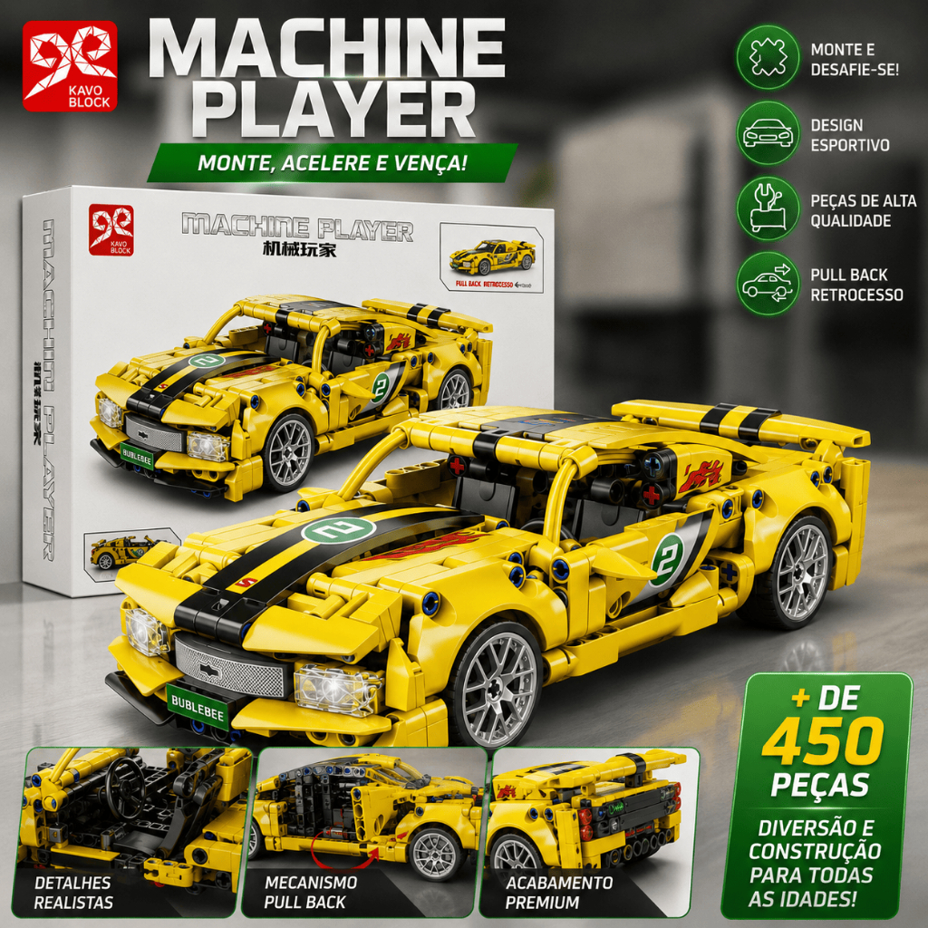 Carrinho de Montar Machine Player Amarelo 453 Peças Pull Back Carro Feito Lego  Blocos de Construção Esportivo