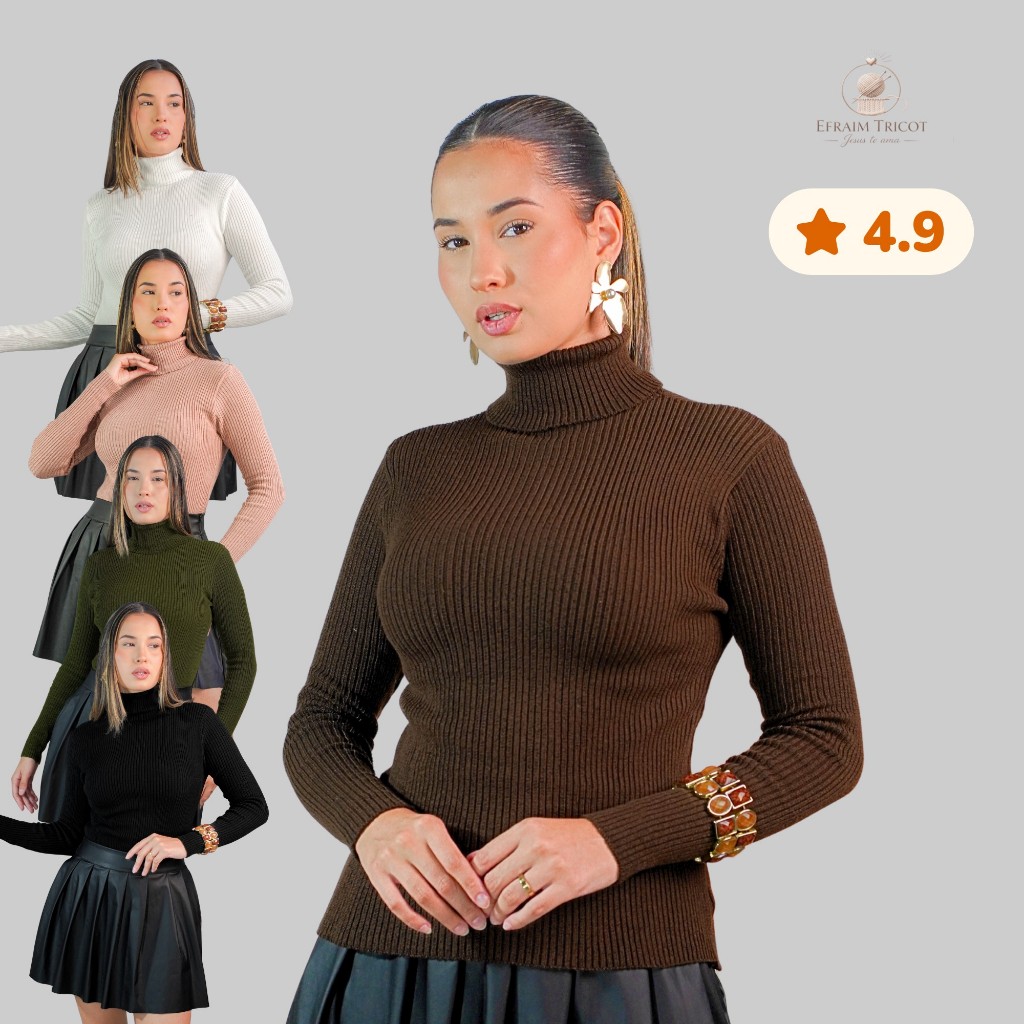 Blusa Feminina Gola Alta Canelada Modal Tricot Cacharrel Tricô Material Premiun Sueter Inverno