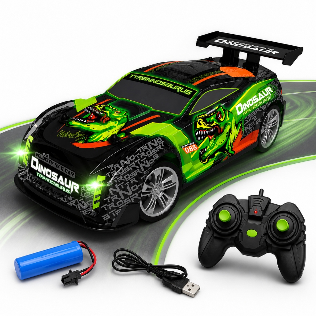 Carrinho Controle Remoto Tiranossauro Rex Racing Super Luz Rápido Até 15km/h Recarregável Kizumba