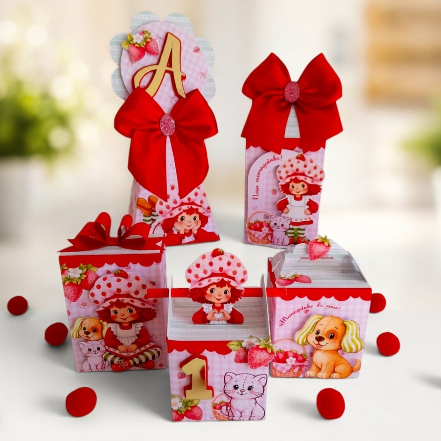 Kit Caixinhas Semi Luxo Moranguinho Vintage Lembrancinha Festa Aniversário Personalizados
