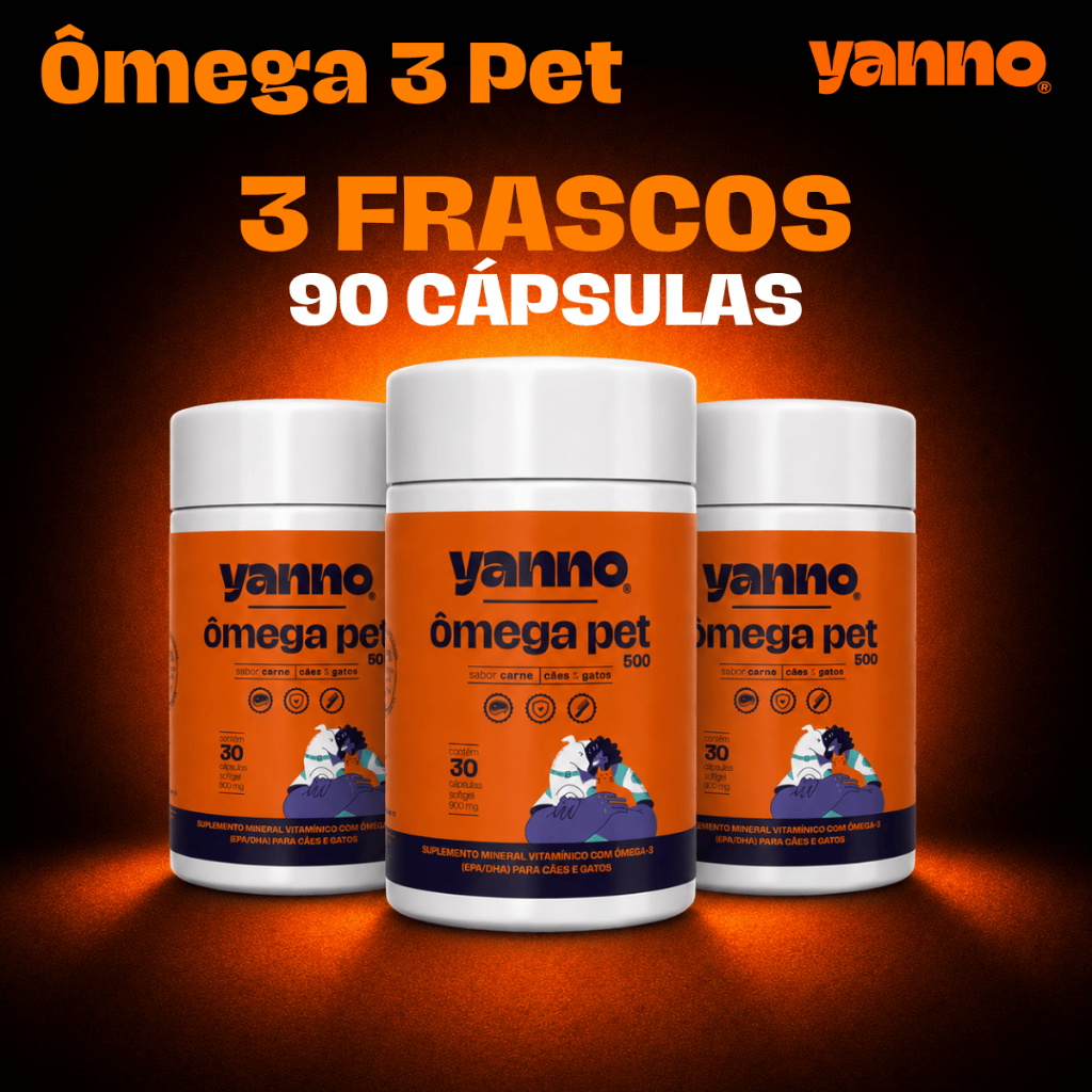 Kit Ômega 3 Pet Concentrado 90 Cáps (DHA + EPA) Cães Gatos Reduz Queda de Pelos Coceira Sabor Carne
