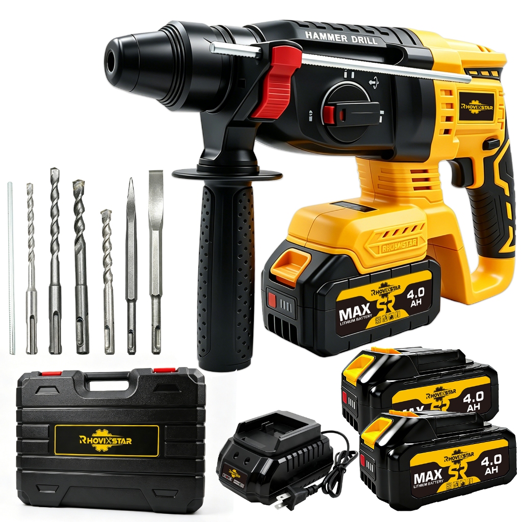 Martelo Perfurador Sem Fio 20V, Furadeira De Impacto, Motor Brushless, 2 Baterias De 4.0AH, Com Maleta De Ferramentas