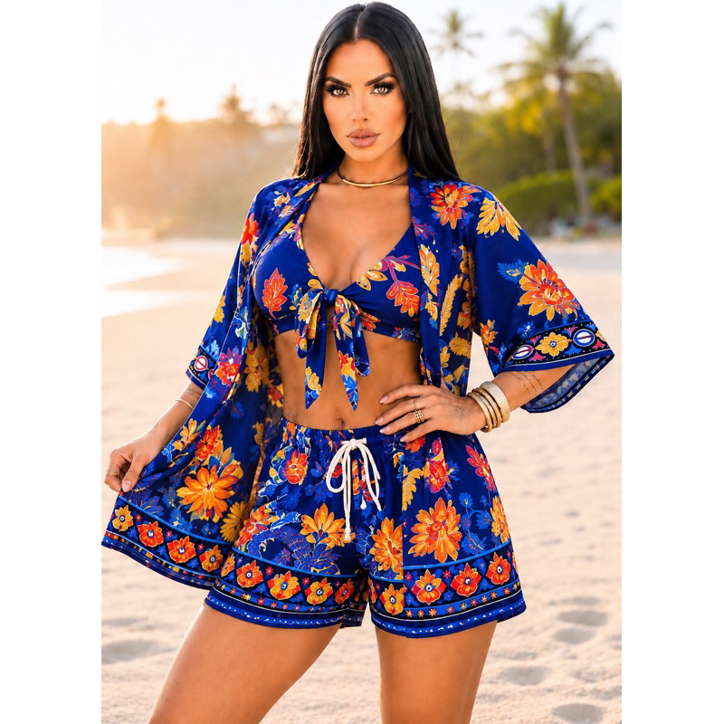 Conjunto Kimono Feminino 3 Peças Short Top Estampado Moda Praia Piscina Verão