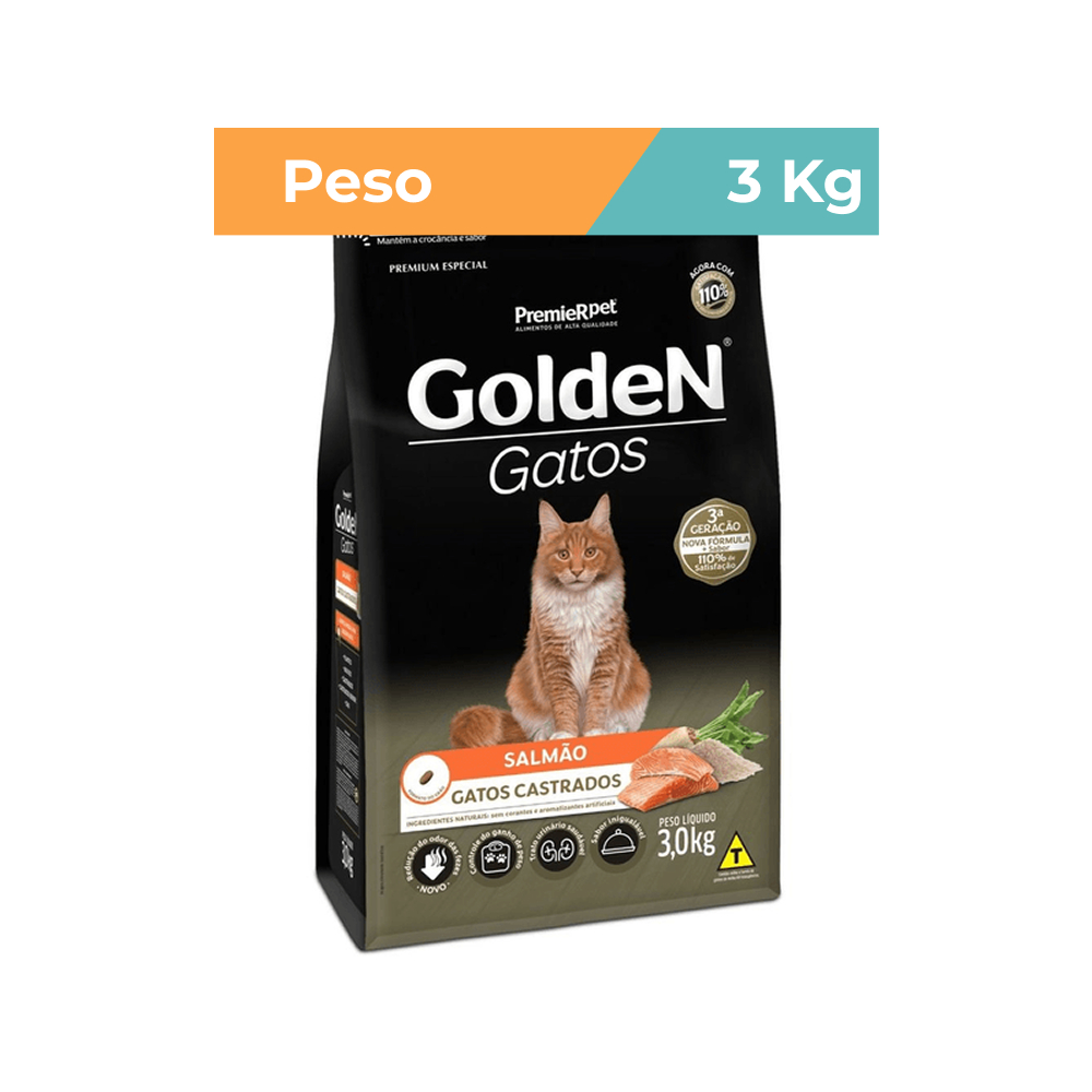 Ração Golden Gatos Castrados 3kg Salmão